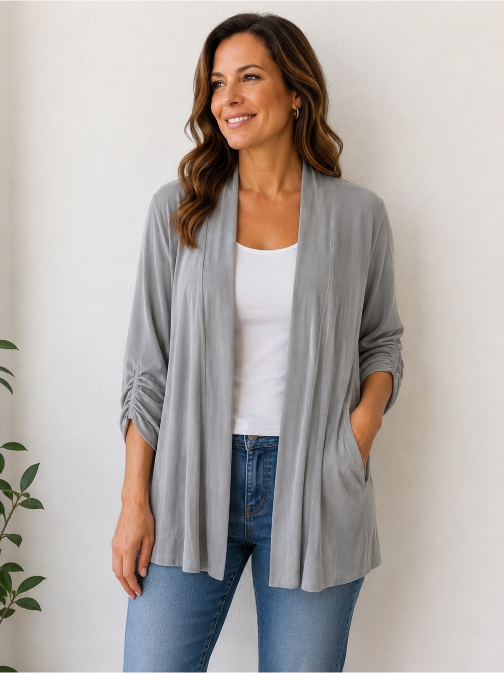 Chico's‎ travelers Soft Light Gray Open-Front Ruched-Sleeve Cardigan 8